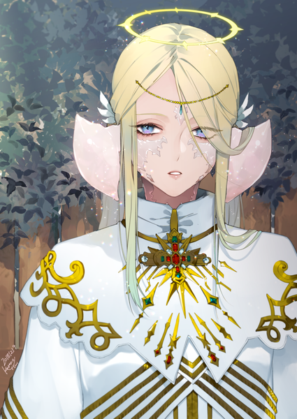 Anime picture 1000x1412 with final fantasy final fantasy xiv square enix au ra kurono yuu single long hair tall image fringe blue eyes blonde hair standing signed payot looking away upper body parted lips hair over one eye dated expressionless