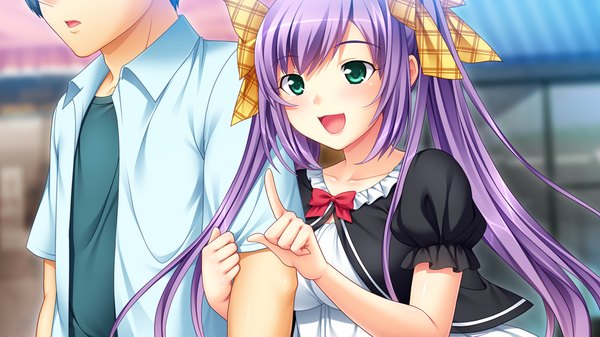 Anime picture 1024x576 with papa doki! long hair blush open mouth blue eyes wide image twintails game cg purple hair couple girl boy bow hair bow