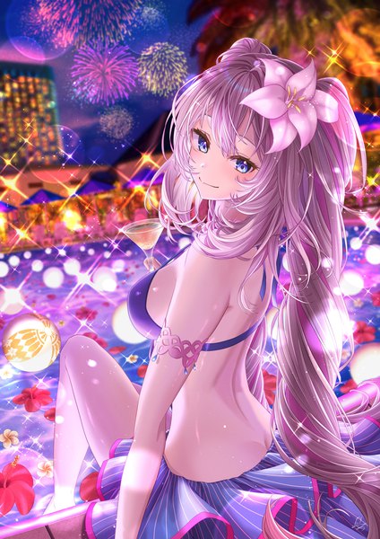 Anime-Bild 3035x4299 mit fate (series) fate/grand order marie antoinette (fate/grand order) marie antoinette (swimsuit caster) (fate) totomiya single long hair tall image looking at viewer blush fringe highres breasts blue eyes light erotic smile hair between eyes sitting twintails holding