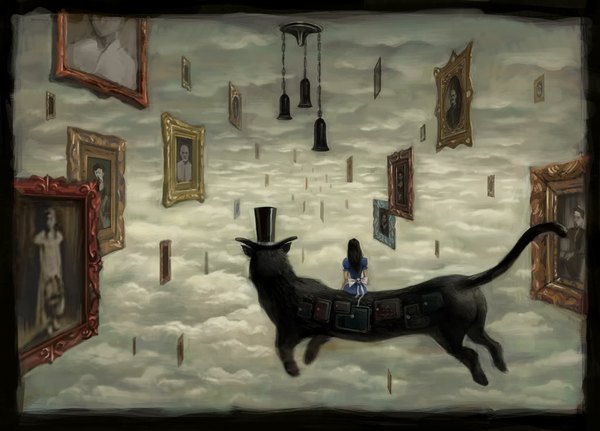 Anime-Bild 1024x736 mit alice in wonderland alice (wonderland) tagme (artist) long hair black hair sitting sky cloud (clouds) from behind back border flying girl dress hat bell cat skull blue dress picture