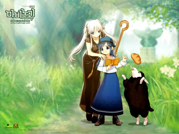 イラスト 1600x1200 と マビノギ nao (mabinogi) 長髪 青い目 金髪 青い髪 動物 本 sheep long loaf