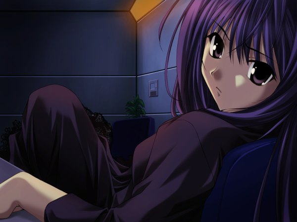 Anime picture 1280x960 with ever 17 komachi tsugumi single purple eyes purple hair girl plant (plants) room