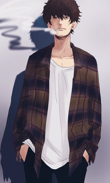 Anime-Bild 720x1200 mit haru gori single tall image looking at viewer fringe short hair simple background hair between eyes brown hair standing black eyes shadow open shirt smoke hands in pockets smoking purple background bristle boy shirt