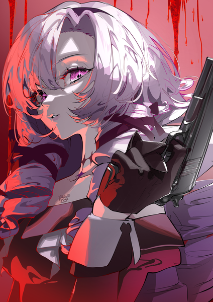Anime picture 1447x2047 with virtual youtuber nijisanji hyakumantenbara salome hyakumantenbara salome (1st costume) roitz ( roitz ) single long hair tall image looking at viewer fringe hair between eyes purple eyes purple hair upper body girl gloves weapon black gloves gun pistol