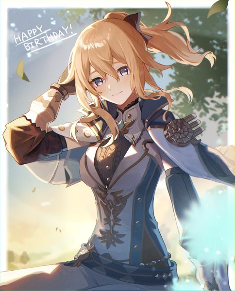 Anime picture 1365x1692 with genshin impact jean gunnhildr kino (m6t2a) single long hair tall image fringe blonde hair hair between eyes outdoors ponytail wind grey eyes border outside border happy birthday girl