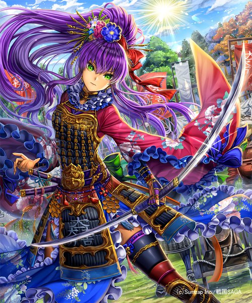 Anime picture 833x1000 with sengoku saga ells (ellsat) long hair tall image looking at viewer fringe hair between eyes standing holding green eyes sky purple hair cloud (clouds) outdoors ponytail traditional clothes japanese clothes hair flower wind wide sleeves
