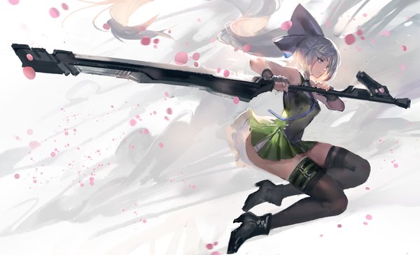Anime picture 1775x1080 with touhou konpaku youmu kishiyo single fringe highres blue eyes light erotic wide image holding looking away silver hair bent knee (knees) ass ponytail very long hair profile pleated skirt wind lips