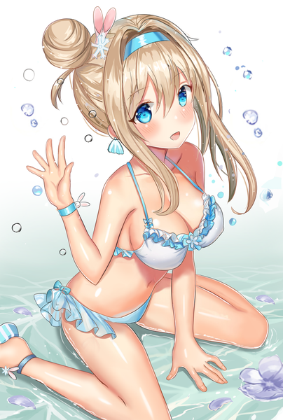 Anime picture 741x1100 with girls frontline suomi kp31 (girls frontline) ame sagari single long hair tall image looking at viewer blush fringe breasts open mouth blue eyes light erotic blonde hair smile hair between eyes large breasts sitting cleavage :d