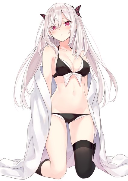 Anime picture 2508x3541 with original azuuru single long hair tall image looking at viewer blush fringe highres breasts light erotic simple background hair between eyes red eyes white background bare shoulders payot cleavage silver hair full body