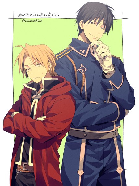 Anime picture 600x800 with fullmetal alchemist studio bones edward elric roy mustang mashima shima long hair tall image fringe short hair black hair blonde hair hair between eyes signed yellow eyes looking away ahoge black eyes multiple boys text crossed arms