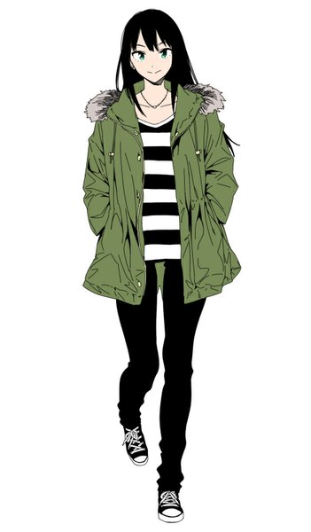Anime picture 469x800 with idolmaster idolmaster cinderella girls shibuya rin yurikawa single long hair tall image fringe black hair simple background smile standing white background green eyes open clothes open jacket striped lacing hands in pockets casual