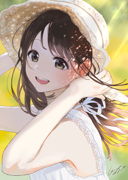 Anime picture 2508x3541 with original pomu (joynet) single long hair tall image highres open mouth brown hair brown eyes signed looking away upper body :d wind sunlight adjusting hat girl hat