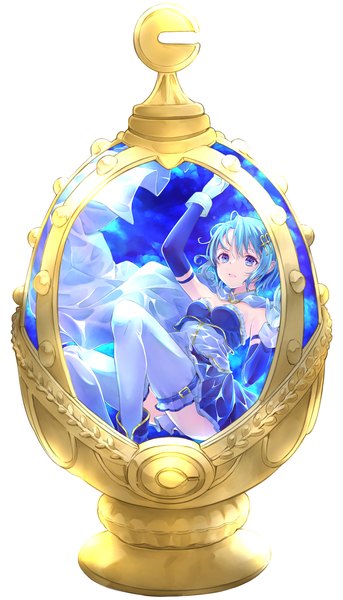 Anime picture 800x1400 with mahou shoujo madoka magica shaft (studio) miki sayaka riri (ririwaldorf) single tall image short hair blue eyes simple background white background blue hair in container girl thighhighs detached sleeves white thighhighs cape