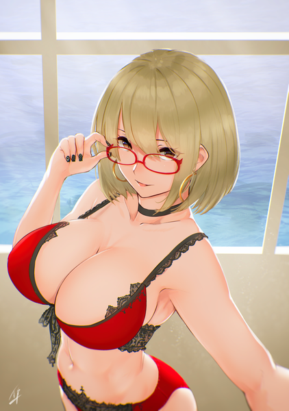 Anime picture 1174x1670 with original hayabusa single tall image looking at viewer blush fringe short hair breasts open mouth light erotic blonde hair hair between eyes large breasts standing brown eyes cleavage nail polish fingernails from above