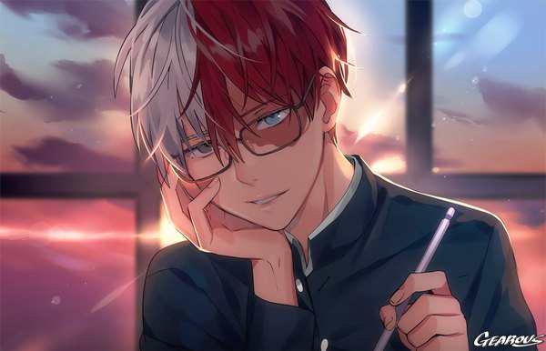 Anime picture 1397x900 with boku no hero academia studio bones todoroki shouto gearous single looking at viewer fringe short hair blue eyes hair between eyes holding signed sky silver hair cloud (clouds) upper body red hair head tilt multicolored hair light smile