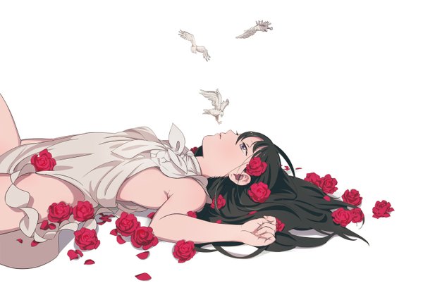 Anime picture 1400x1003 with original mebae single long hair blush open mouth light erotic simple background white background purple eyes lying profile hair flower shadow dark hair girl hair ornament flower (flowers) animal petals
