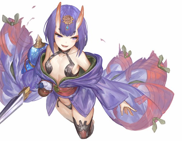 Anime-Bild 3648x2832 mit fate (series) fate/grand order shuten douji (fate) akizone single highres short hair open mouth light erotic simple background white background purple eyes looking away absurdres purple hair traditional clothes :d japanese clothes horn (horns) from above