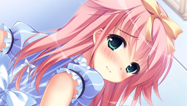 Anime picture 1071x610 with ore to 5-nin no yome-san ga raburabu nano wa mirai kara kita aka-chan no okage ni chigainai! long hair blush wide image green eyes pink hair game cg girl dress bow hair bow