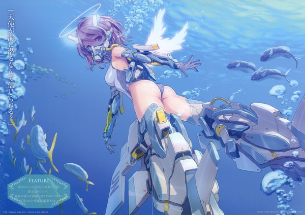 Anime picture 4267x3019 with original saitom single highres short hair light erotic black hair absurdres underwater girl wings bubble (bubbles) fish (fishes) diving mask