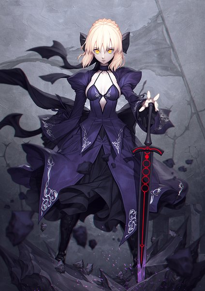 Anime picture 800x1132 with fate (series) fate/grand order artoria pendragon (all) saber alter mandrill single tall image looking at viewer fringe short hair breasts light erotic blonde hair hair between eyes standing yellow eyes cleavage braid (braids) depth of field puffy sleeves