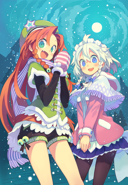 Anime picture 2073x3000 with touhou izayoi sakuya hong meiling morino hon long hair tall image looking at viewer highres open mouth blue eyes smile multiple girls white hair red hair braid (braids) long sleeves pleated skirt aqua eyes fang (fangs) twin braids