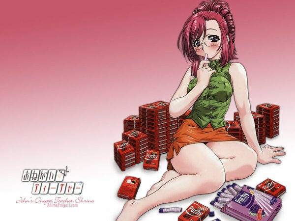 Anime picture 1024x768 with onegai teacher looking at viewer bare shoulders brown eyes red hair barefoot bare legs girl skirt glasses sweets pocky