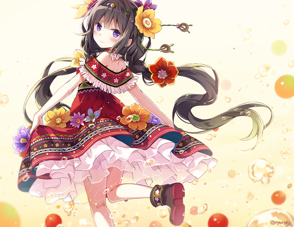 Anime picture 1377x1066 with original nyanya single looking at viewer blush black hair standing twintails purple eyes bare shoulders signed very long hair looking back hair flower twitter username gradient background standing on one leg girl dress hair ornament