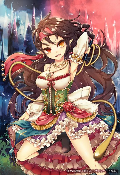 Anime picture 620x900 with kaio (watagami) single long hair tall image looking at viewer open mouth black hair smile pointy ears girl dress flower (flowers) detached sleeves boots frills pendant