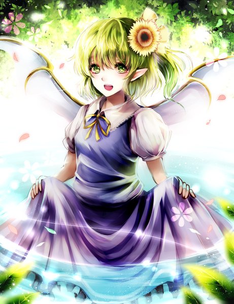 Anime picture 1000x1300 with touhou daiyousei kotonoman single tall image looking at viewer blush short hair open mouth green eyes hair flower green hair pointy ears one side up girl dress hair ornament flower (flowers) petals wings