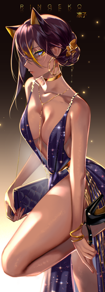 Anime picture 2251x6242 with genshin impact dehya (genshin impact) ringeko-chan single tall image looking at viewer fringe highres short hair breasts blue eyes light erotic black hair simple background hair between eyes large breasts standing signed animal ears bent knee (knees)
