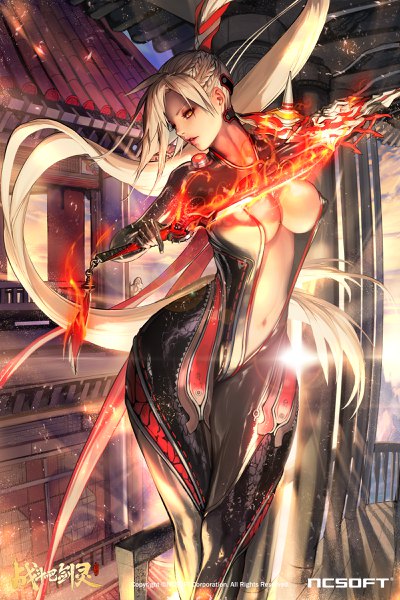 Anime picture 1600x2400 with blade & soul nightmadness single tall image looking at viewer breasts light erotic blonde hair large breasts holding yellow eyes looking away white hair ponytail braid (braids) very long hair parted lips lips copyright name center opening