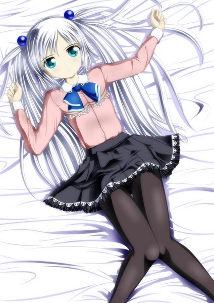 Anime picture 2894x4093 with prophet5 single long hair tall image looking at viewer highres blue eyes twintails white hair lying knees together feet apart girl skirt hair ornament miniskirt shirt bowtie hair bobbles
