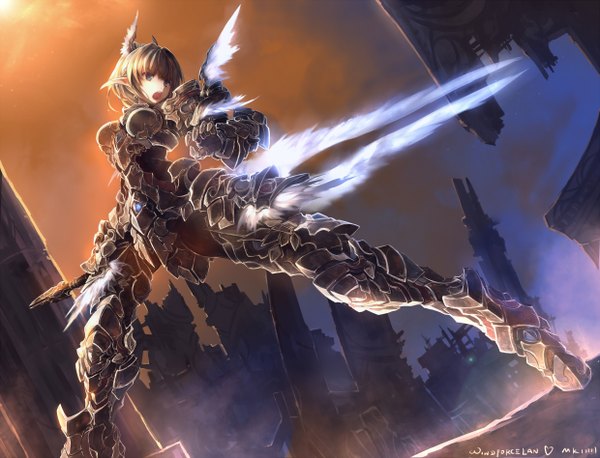 Anime picture 2480x1896 with world of warcraft original blizzard entertainment windforcelan 33 (mkiiiiii) single highres short hair open mouth blue eyes brown hair signed looking away sky pointy ears ruins girl weapon sword wings