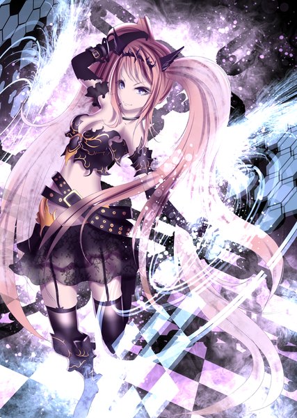 Anime picture 1200x1687 with original pixiv fantasia pixiv fantasia fallen kings yusuke (shiota) single tall image looking at viewer blue eyes smile twintails bare shoulders animal ears very long hair orange hair hand on head checkered floor head wings girl thighhighs skirt