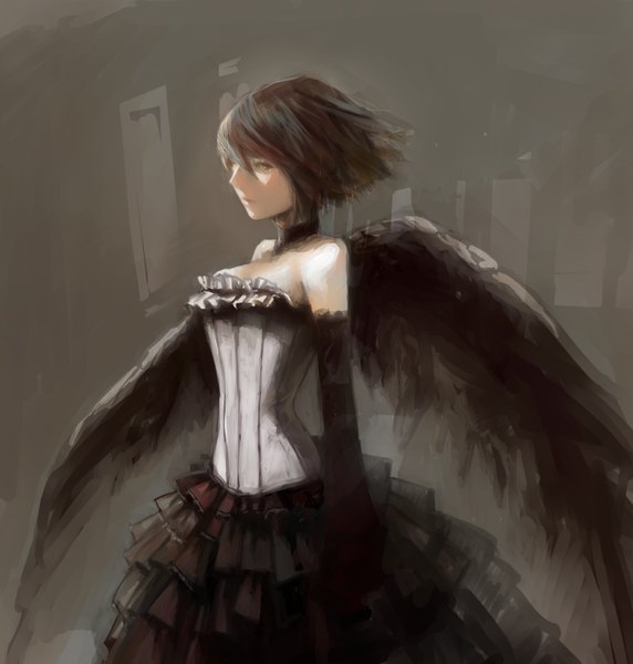 Anime picture 887x931 with original tsubu mikan single tall image short hair brown hair standing bare shoulders brown eyes black wings girl dress gloves wings choker black gloves elbow gloves