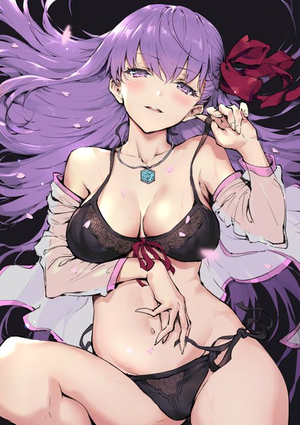Anime picture 813x1150 with fate (series) fate/extra fate/extra ccc bb (fate) (all) bb (fate/extra) haoni single long hair tall image looking at viewer blush fringe open mouth light erotic simple background hair between eyes purple eyes bare shoulders cleavage purple hair