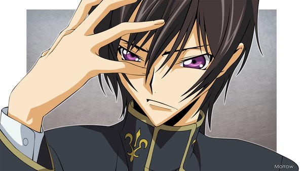 Anime picture 2100x1182 with code geass sunrise (studio) lelouch lamperouge morrow single highres short hair simple background brown hair wide image purple eyes signed border close-up face vector boy