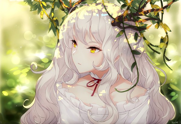Anime picture 1020x697 with original kachi single long hair bare shoulders yellow eyes looking away white hair wavy hair girl dress plant (plants)