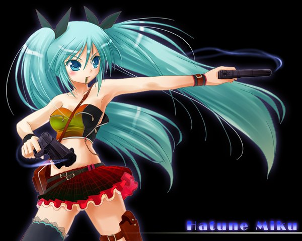 Anime picture 1280x1024 with vocaloid hatsune miku pooru long hair aqua hair character names outstretched arm black background girl gun