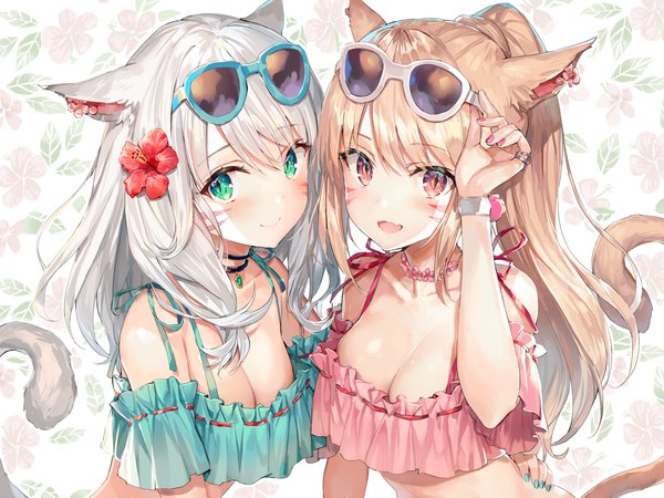 Anime-Bild 1200x900 mit final fantasy final fantasy xiv square enix miqo'te momoko (momopoco) long hair looking at viewer blush fringe breasts open mouth light erotic smile hair between eyes brown hair large breasts multiple girls brown eyes green eyes animal ears