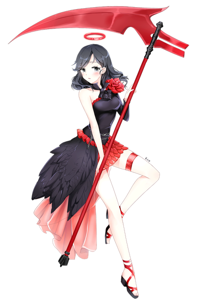Anime picture 1050x1575 with original rom single long hair tall image looking at viewer blush fringe black hair standing holding signed parted lips grey eyes standing on one leg transparent background girl dress flower (flowers) weapon