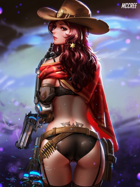 Anime picture 1000x1334 with overwatch blizzard entertainment mccree (overwatch) liang xing single long hair tall image looking at viewer light erotic brown hair standing brown eyes ass parted lips looking back lips from behind realistic mole tattoo