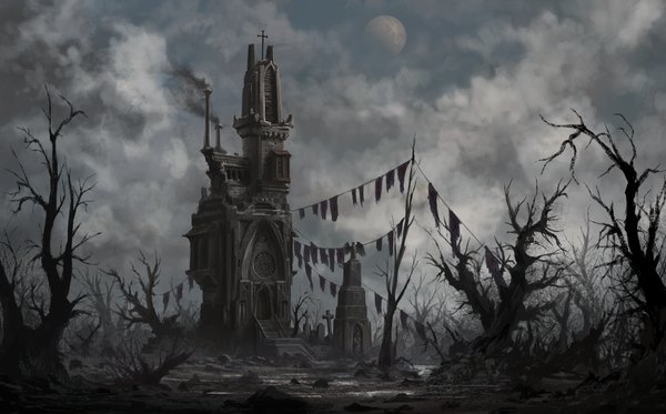 Anime picture 1280x797 with original aspeckofdust (artist) wide image sky cloud (clouds) smoke plant (plants) tree (trees) moon cross castle statue cemetery smoke stack