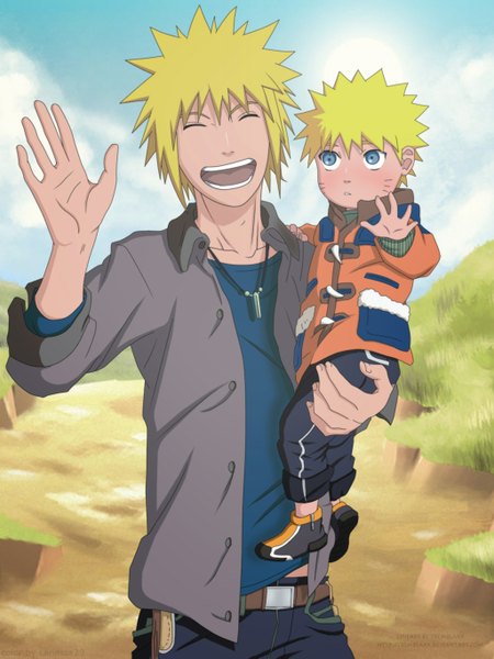 Anime picture 1024x1365 with naruto studio pierrot naruto (series) uzumaki naruto namikaze minato lanessa29 tall image short hair open mouth blue eyes blonde hair smile holding sky cloud (clouds) eyes closed open clothes open shirt coloring facial mark
