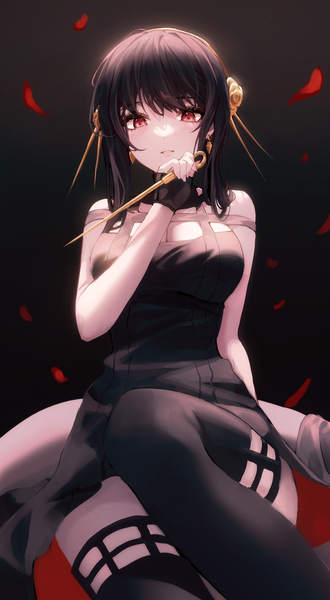 Anime picture 2099x3822 with spy x family yor briar iyu (1yu x) single long hair tall image looking at viewer blush fringe highres breasts light erotic black hair simple background red eyes large breasts sitting bare shoulders holding blunt bangs