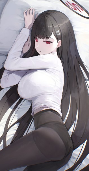 Anime-Bild 2522x4800 mit blue archive rio (blue archive) tem (tempainting1) single long hair tall image fringe highres breasts light erotic black hair red eyes ass lying blunt bangs long sleeves from above on side girl hair ornament