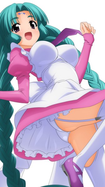 Anime picture 2160x3840 with lost universe canal volphied wave ride single tall image blush highres open mouth light erotic white background purple eyes braid (braids) very long hair aqua hair pantyshot upskirt girl thighhighs dress underwear