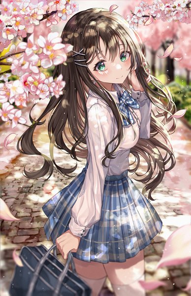 Anime picture 1000x1545 with original m1yu single long hair tall image looking at viewer blush fringe breasts brown hair standing holding green eyes outdoors long sleeves head tilt pleated skirt blurry cherry blossoms plaid skirt