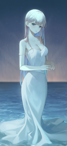 Anime picture 1780x3845 with original yeorem single long hair tall image looking at viewer fringe highres breasts open mouth blue eyes standing bare shoulders cleavage silver hair outdoors blunt bangs night night sky strap slip