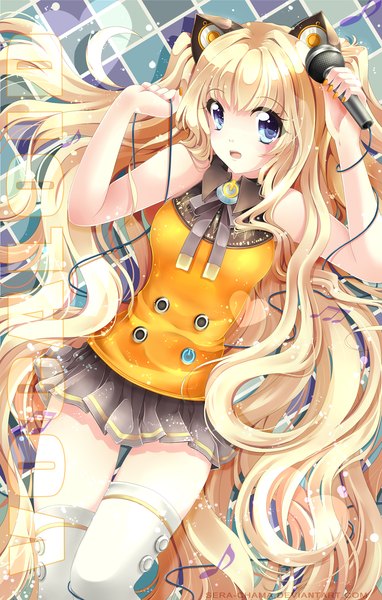 Anime picture 1100x1726 with vocaloid seeu sera-chama single tall image open mouth blue eyes blonde hair smile very long hair nail polish pleated skirt inscription plaid plaid background girl thighhighs skirt white thighhighs microphone